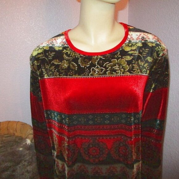 White Stag VELVET Patchwork Size XL BLOUSE Tunic Top POPOVER Glitter STRETCH - Picture 2 of 9